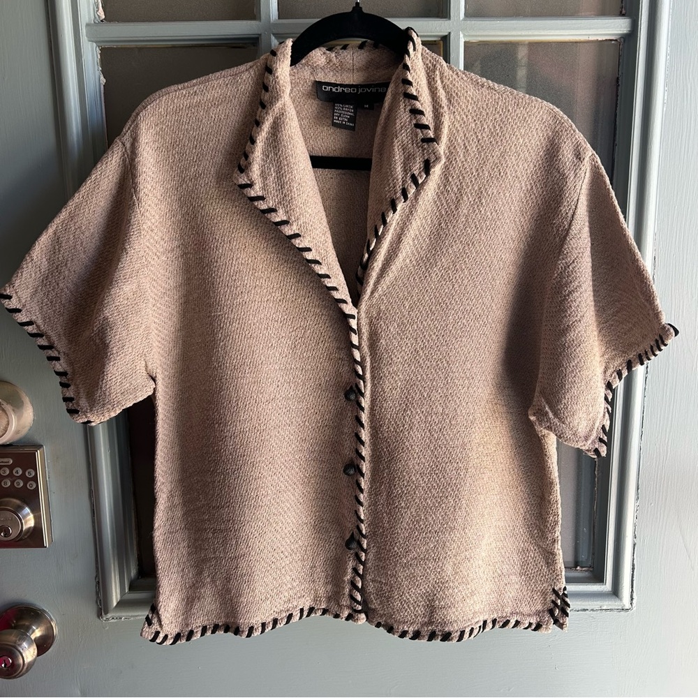 Vintage Retro Boho Knit Stitch Hem Linen Woven Short Sleeved Casual Button Up M